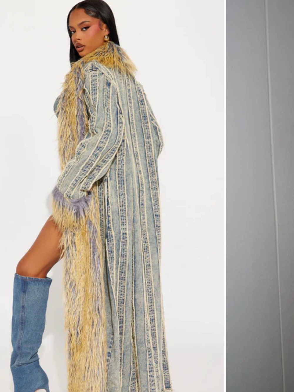 Fashion Nova Long Striped Denim Coat with Yellow & Lavender Faux Fur Trim